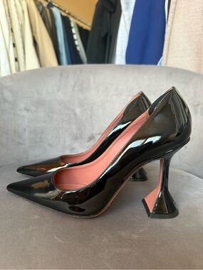 Amina Muaddi Black Patent Pointed Pumps with Sculpted Flare Heel
